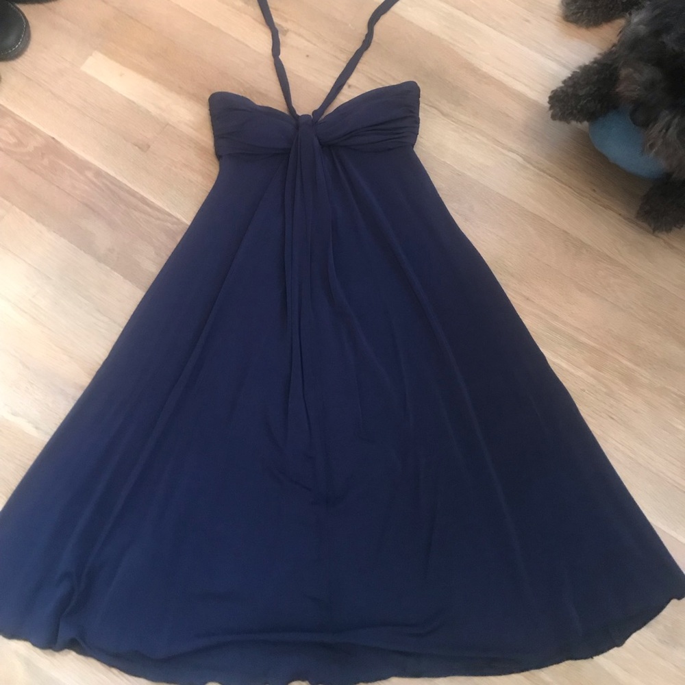 Navy cocktail halter dress. Lined, Size 2  31”